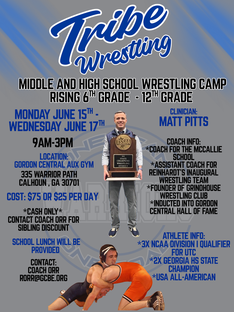 Warriors Wrestling summer camp informational flyer - June 15-17, 2026,  for middle and high school, cost is $75, or $25 per day, cash only