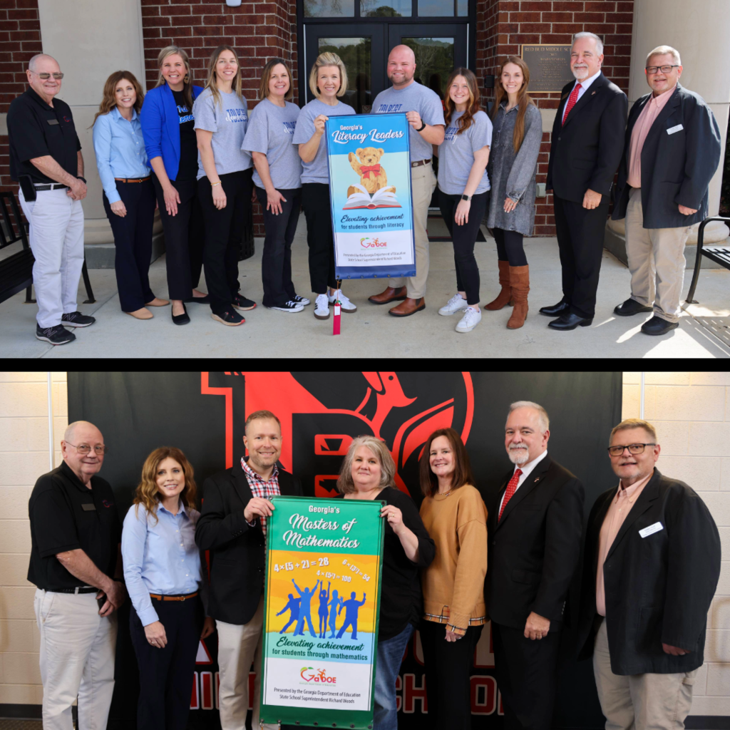 School leaders and teachers holding the Leaders banner presented by State Superintendent Woods