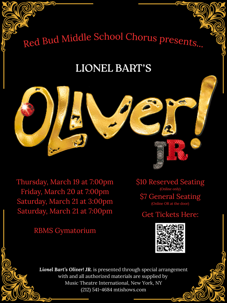 This poster gives details about the upcoming production of Oliver, Jr.