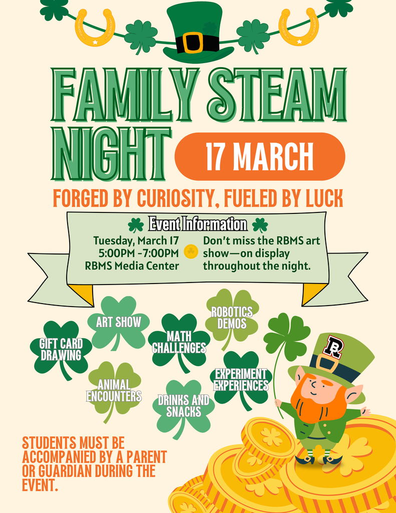 This is a flyer with a St. Patrick's Day theme that described the activities that will be happening at the family STEAM Night.