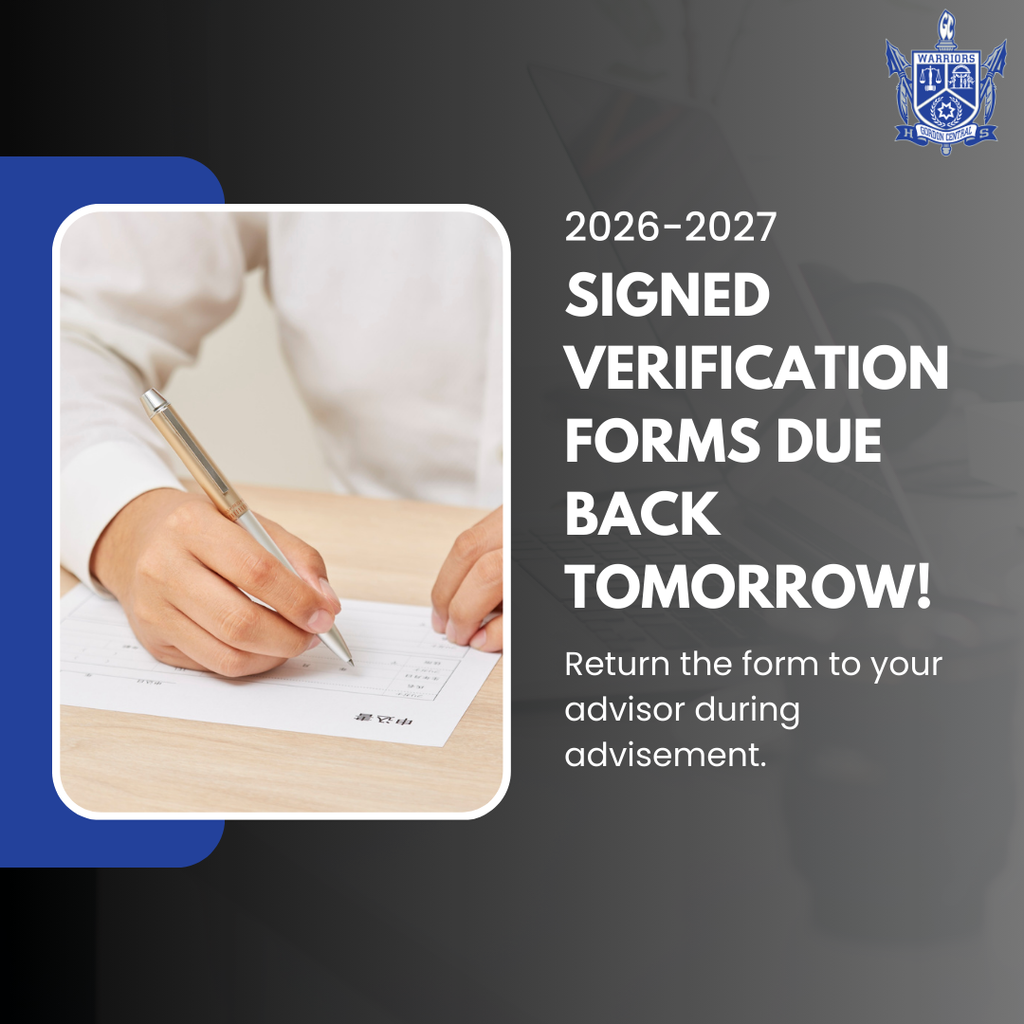 ⏰ Reminder: Course Request Forms Due Tomorrow! Students—please bring your signed 2026–2027 course request verification form to advisement tomorrow (Monday, March 23) and turn it in to your advisor. Double-check your choices, make any corrections, get a parent/guardian signature, and be ready to submit it during advisement. ✅