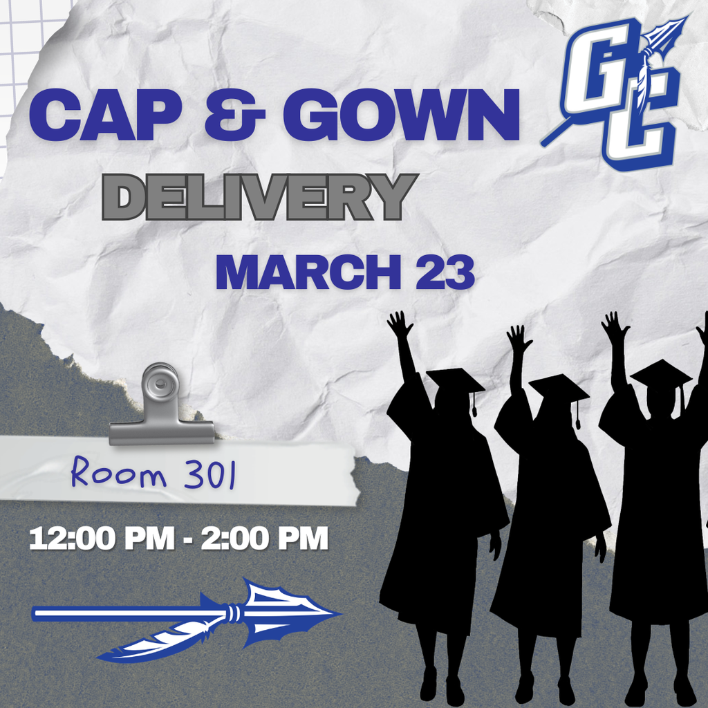 🎓 Seniors: Cap & Gown Delivery Reminder Cap and gowns will be delivered Monday, March 23 from 12:00–2:00 PM in Room 301. Please plan to stop by during that window to pick yours up!