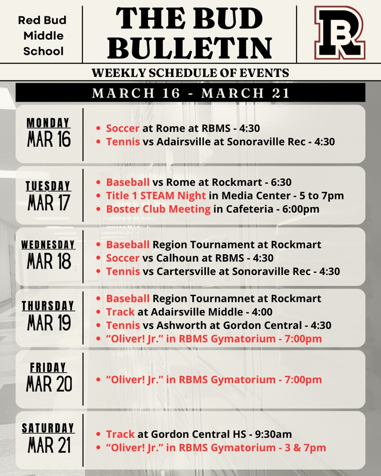 This is a calendar of events for the week