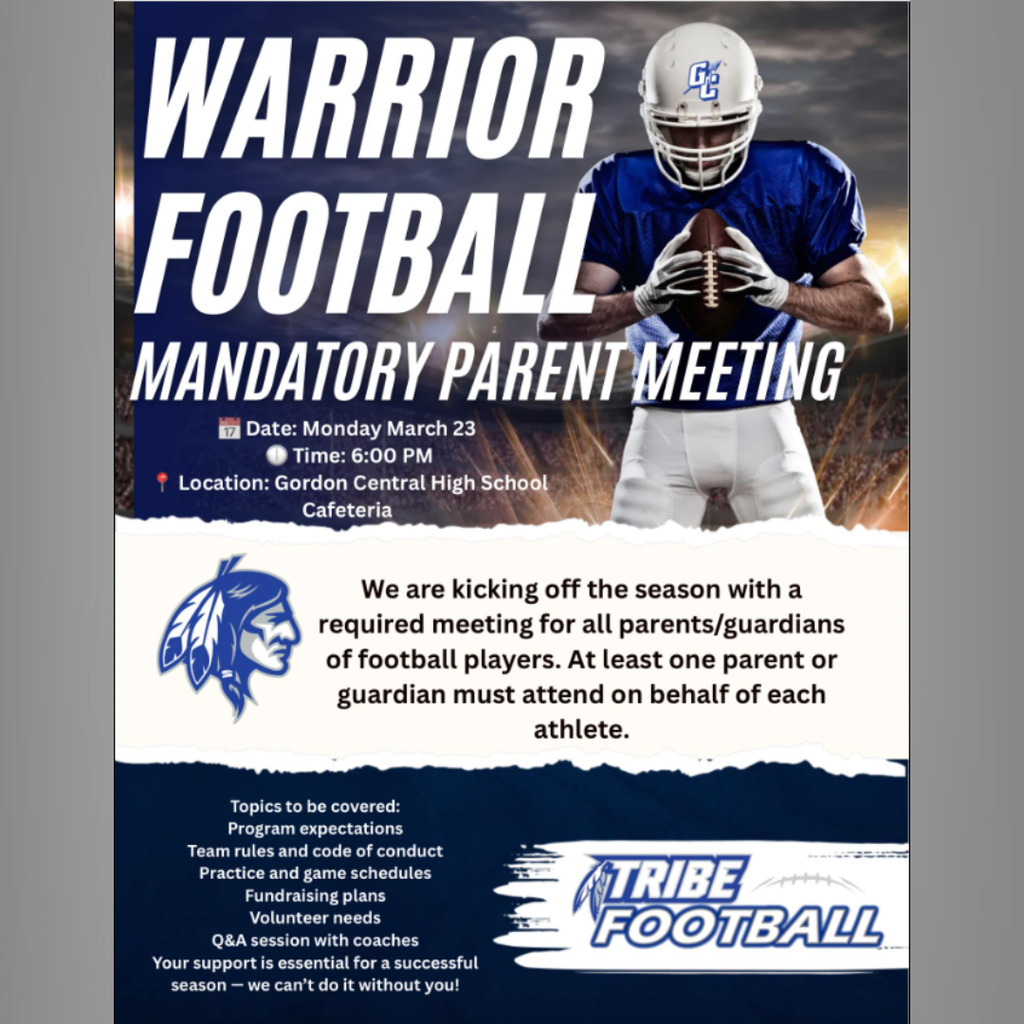 Mandatory Football Parent Meeting Date Changed to Monday, March 23 at 6:00 PM in the Cafeteria