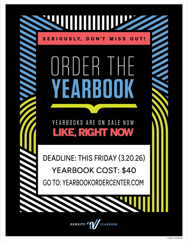 Online sales end in 4 days!!!! Pre-order your student’s yearbook today to guarantee a copy. Only a limited number of extra yearbooks will be available after this date. Use code: 10368 https://yearbookordercenter.com/general/displayLanding...