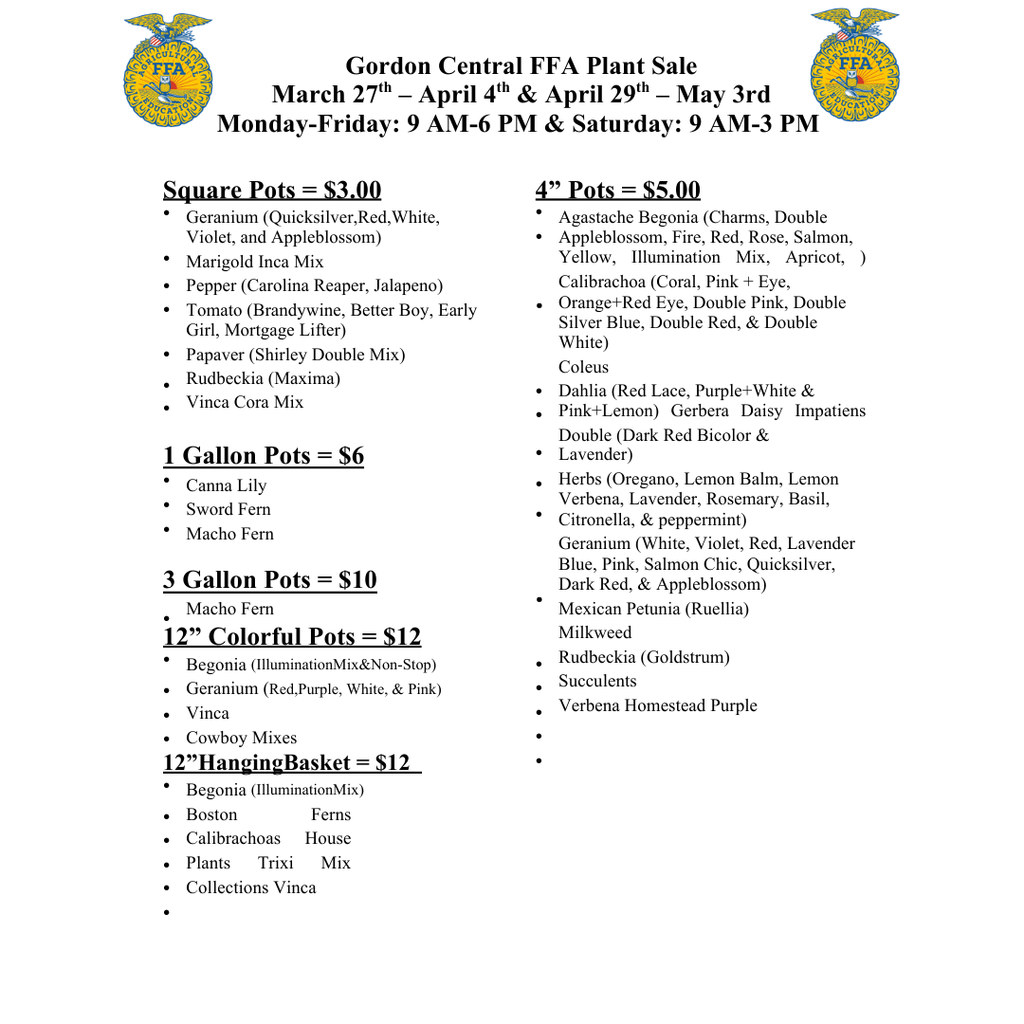 Available plant list on page along with sizes and prices