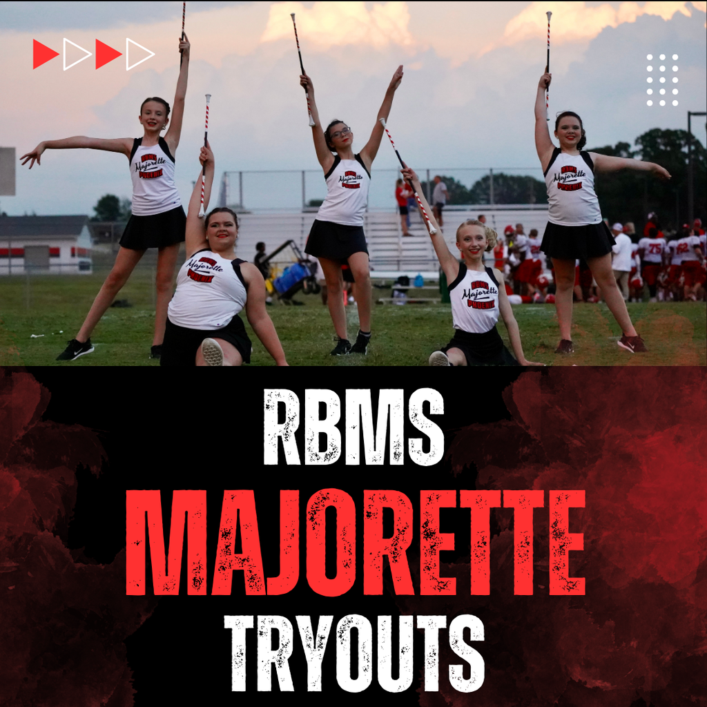An eye catching photo advertising Majorette tryouts.