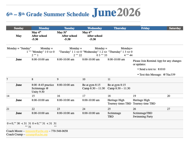 summer basketball schedule 6th-8th grade
