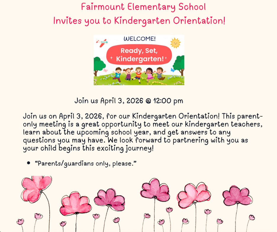 Kindergarten Transition Update We apologize for any inconvenience, but the time for the Kindergarten Transition event has been changed from 12:30 PM to 12:00 PM. Thank you for your understanding. We look forward to seeing you!