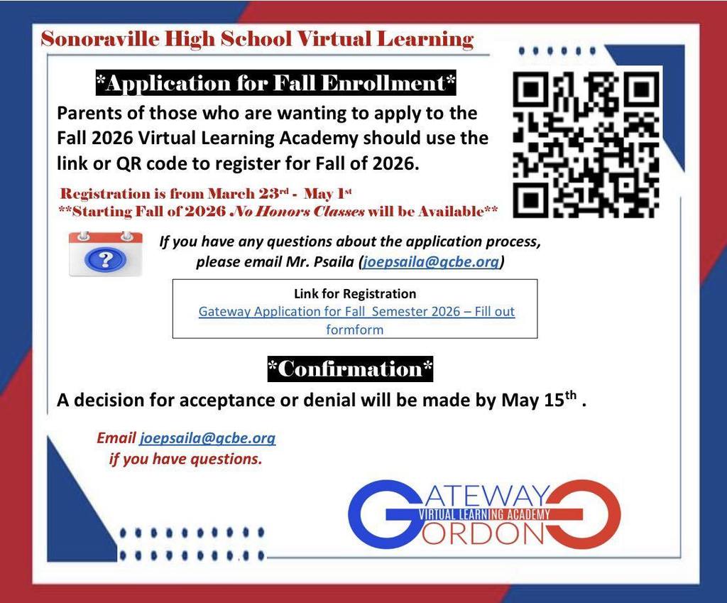This is an image for Fall 2026 Gateway Virtual Learning Academy enrollment. Registration is from March 23rd-May 1st. You can contact Joe Psaila for questions.
