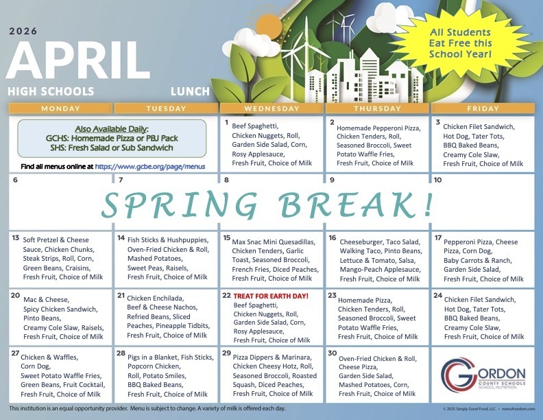April 2026 lunch menus for high schools in Gordon County, GA.