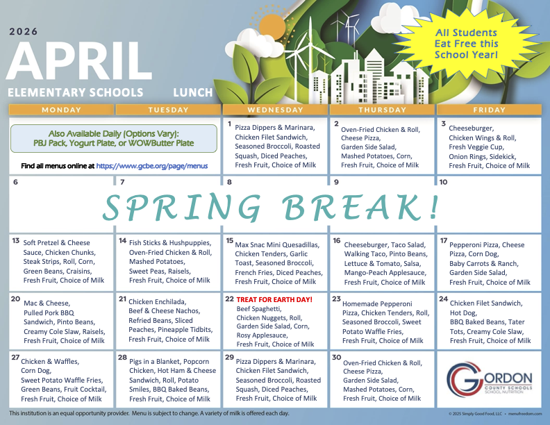 April 2026 lunch menus for elementary schools in Gordon County, GA.
