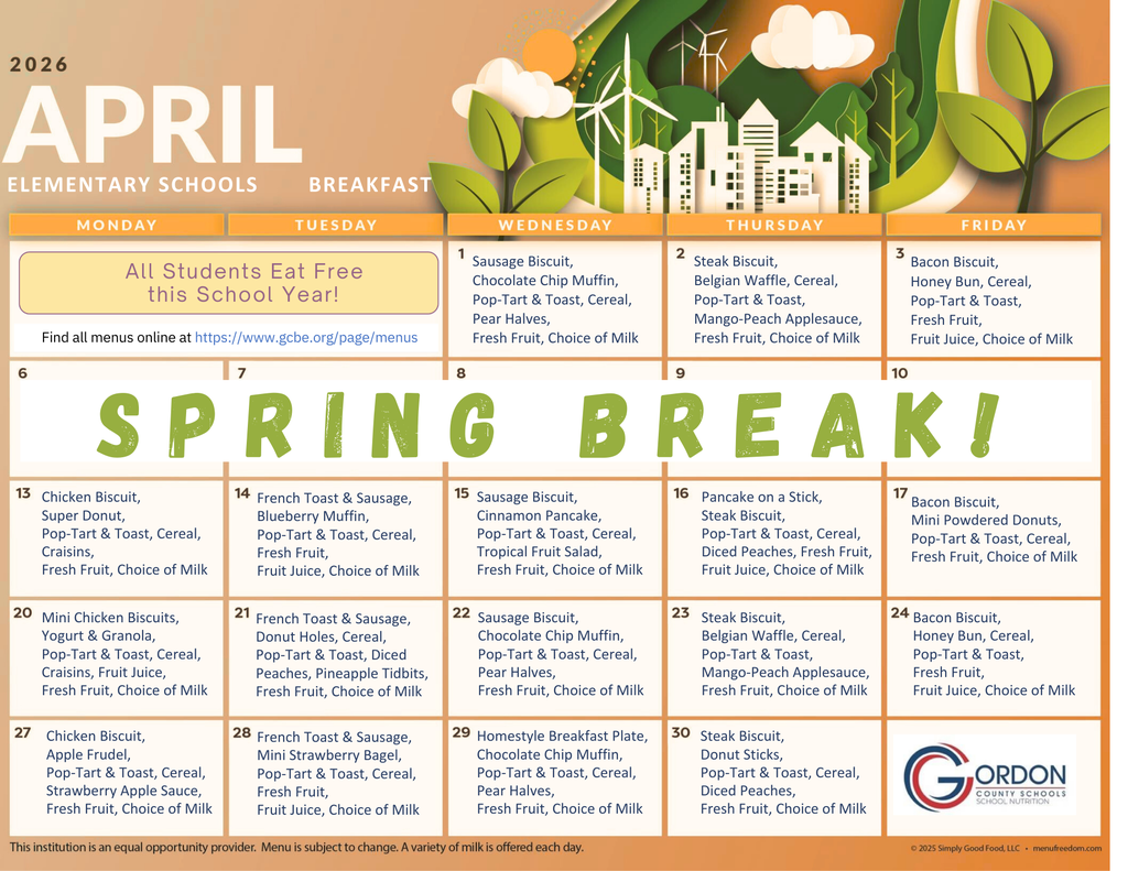 April 2026 breakfast menus for elementary schools in Gordon County, GA.