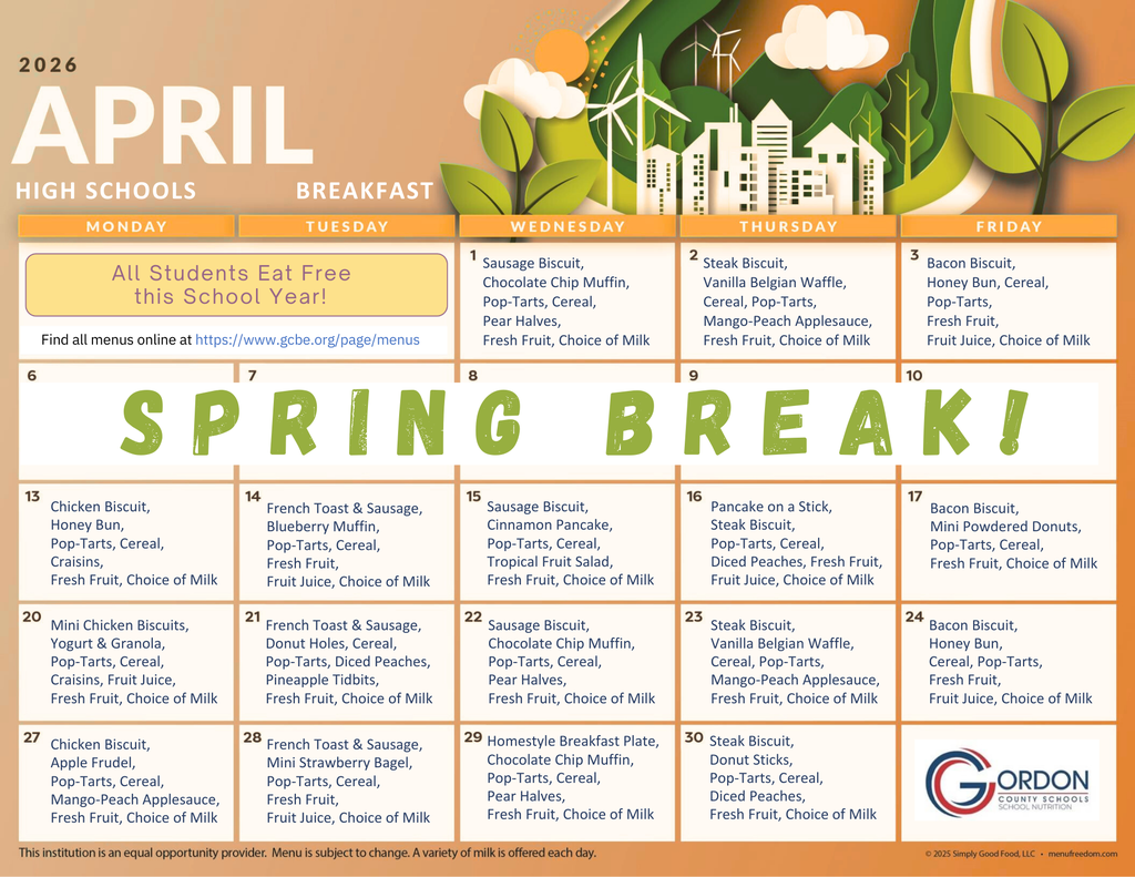 April 2026 breakfast menus for high schools in Gordon County, GA.