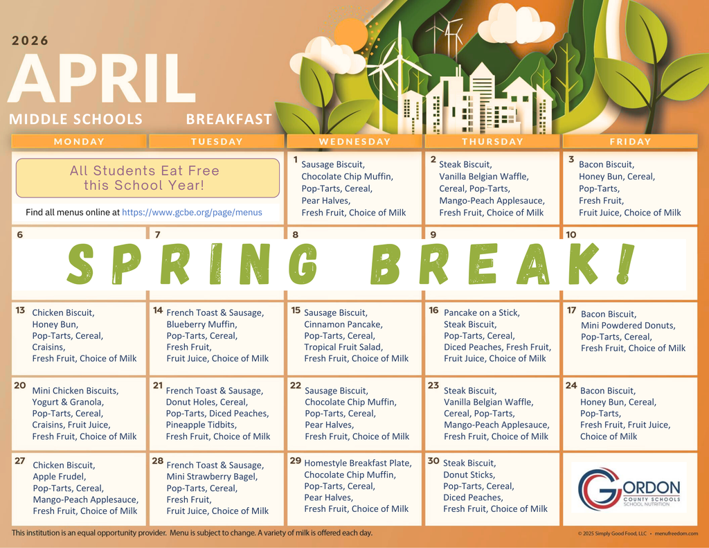 April 2026 breakfast menus for middle schools in Gordon County, GA.