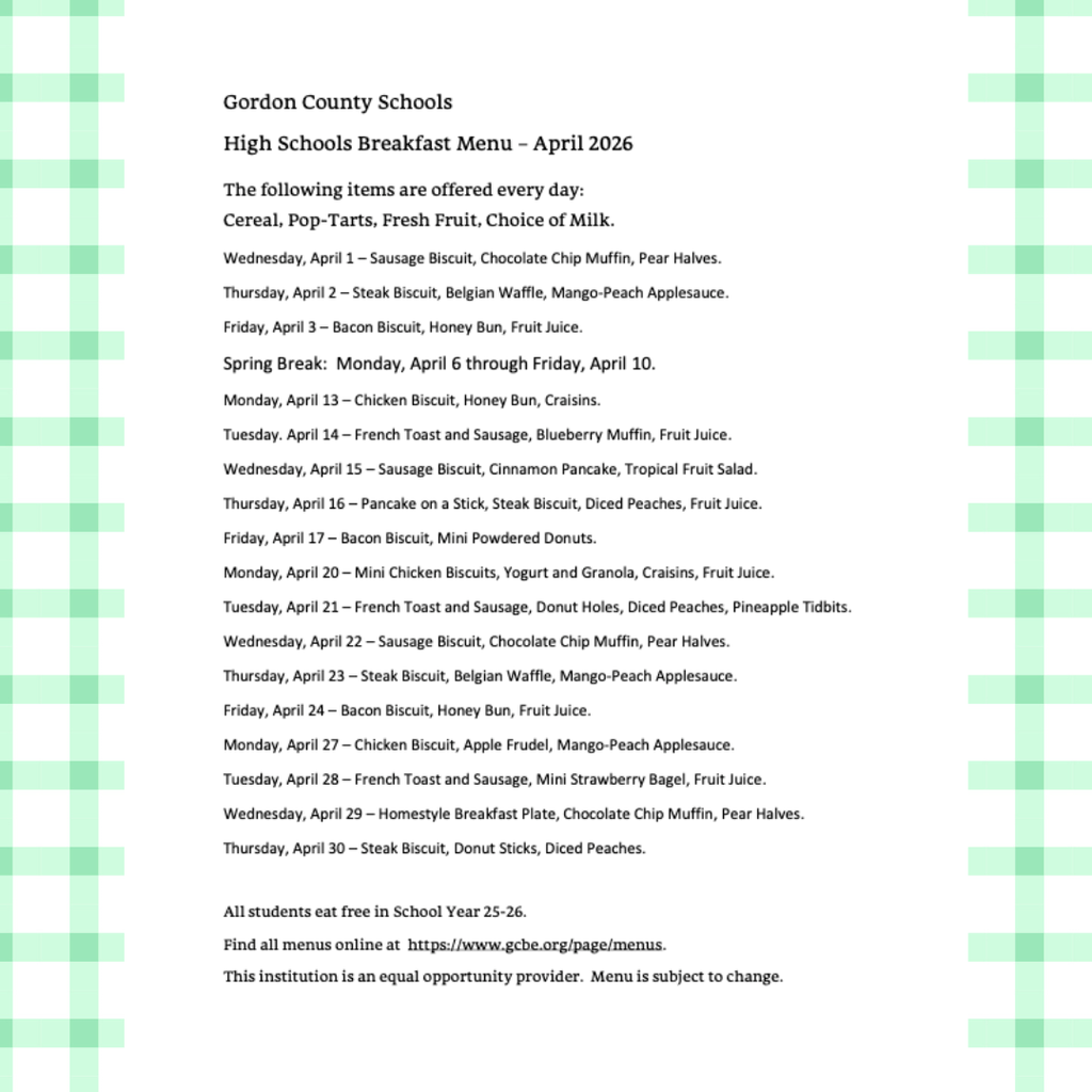 April High School Breakfast Menu in PNG format