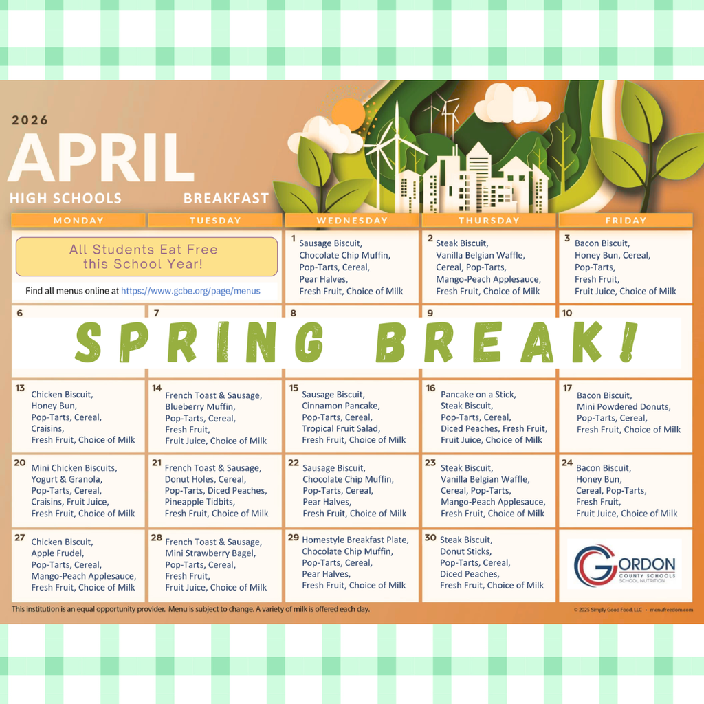 April High School Breakfast Menu in Calendar Format
