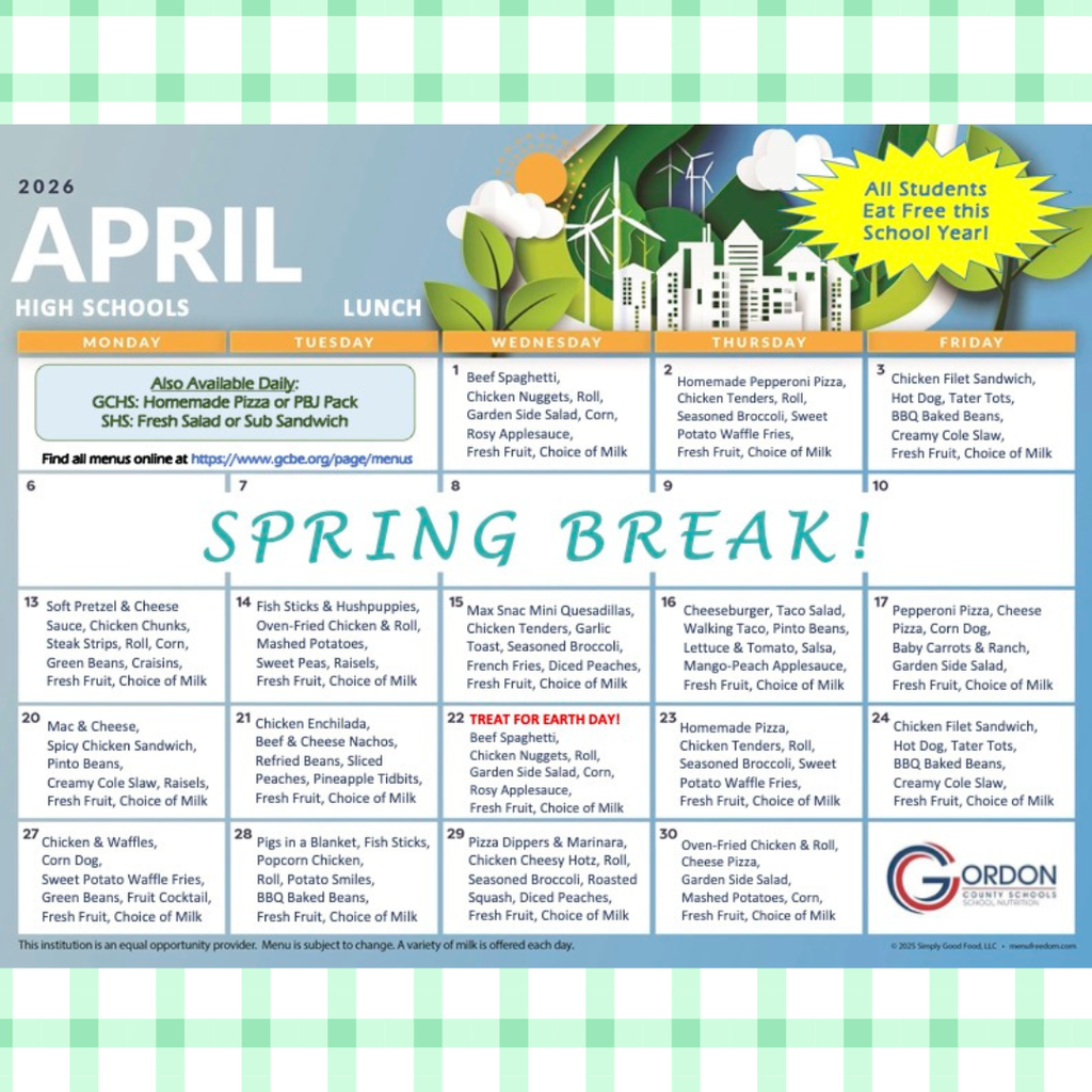 April High School Lunch Menu in Calendar Format