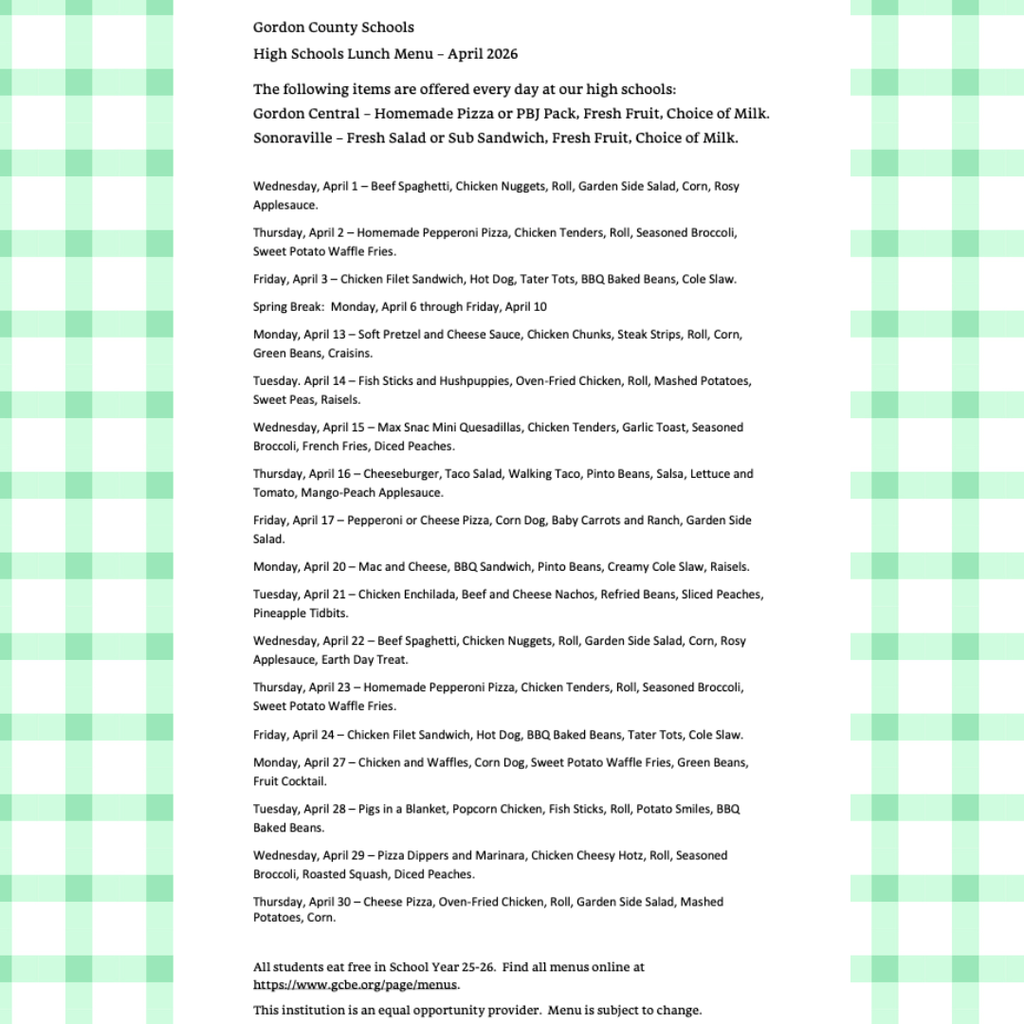 Visual Image of April 2026 High School Lunch Menu