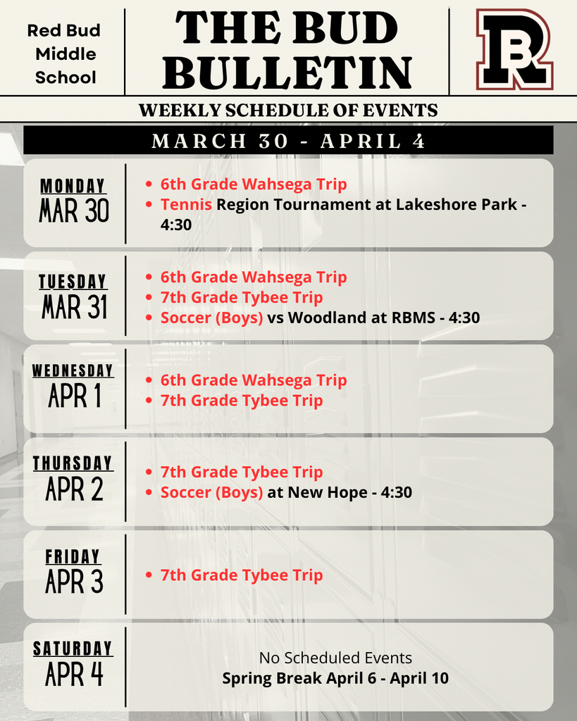 This is the weekly calendar of events for Red Bud Middle School.