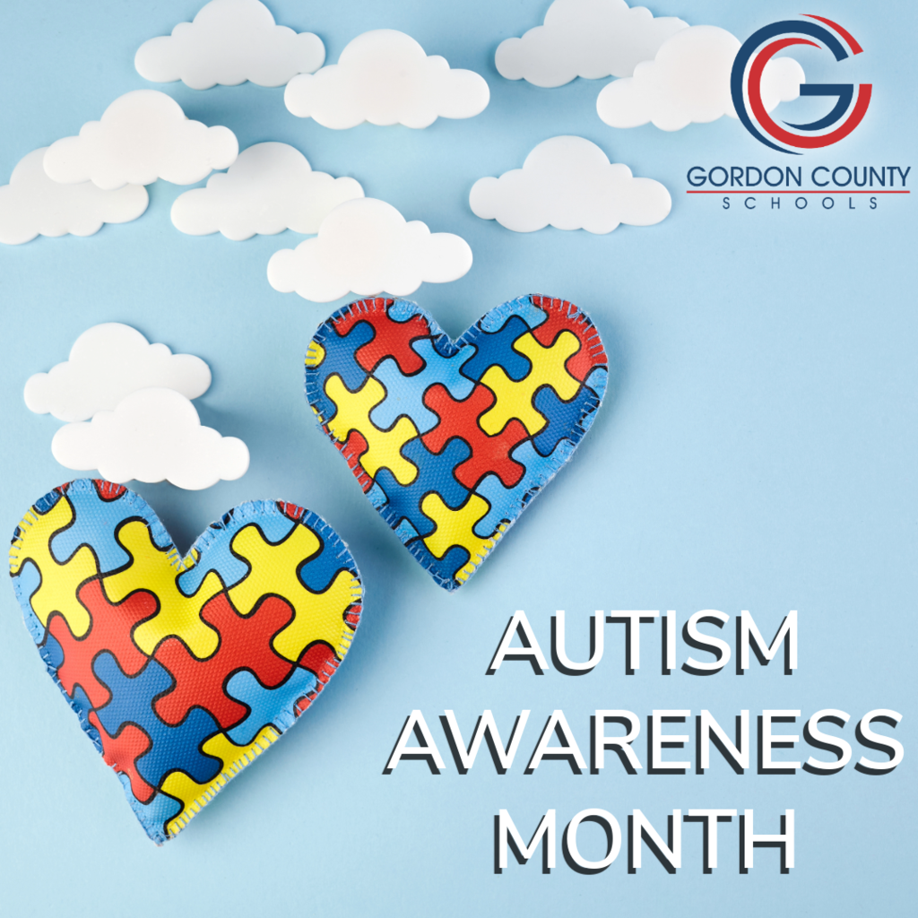 Autism Awareness Month with puzzle piece hearts in the sky with clouds. 