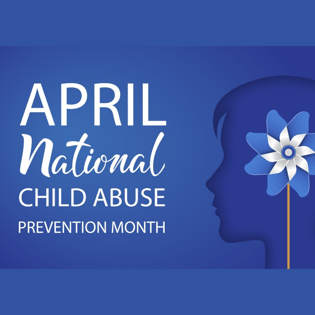 April - National Child Abuse Prevention Month with child's face outlined and a blue pinwheel
