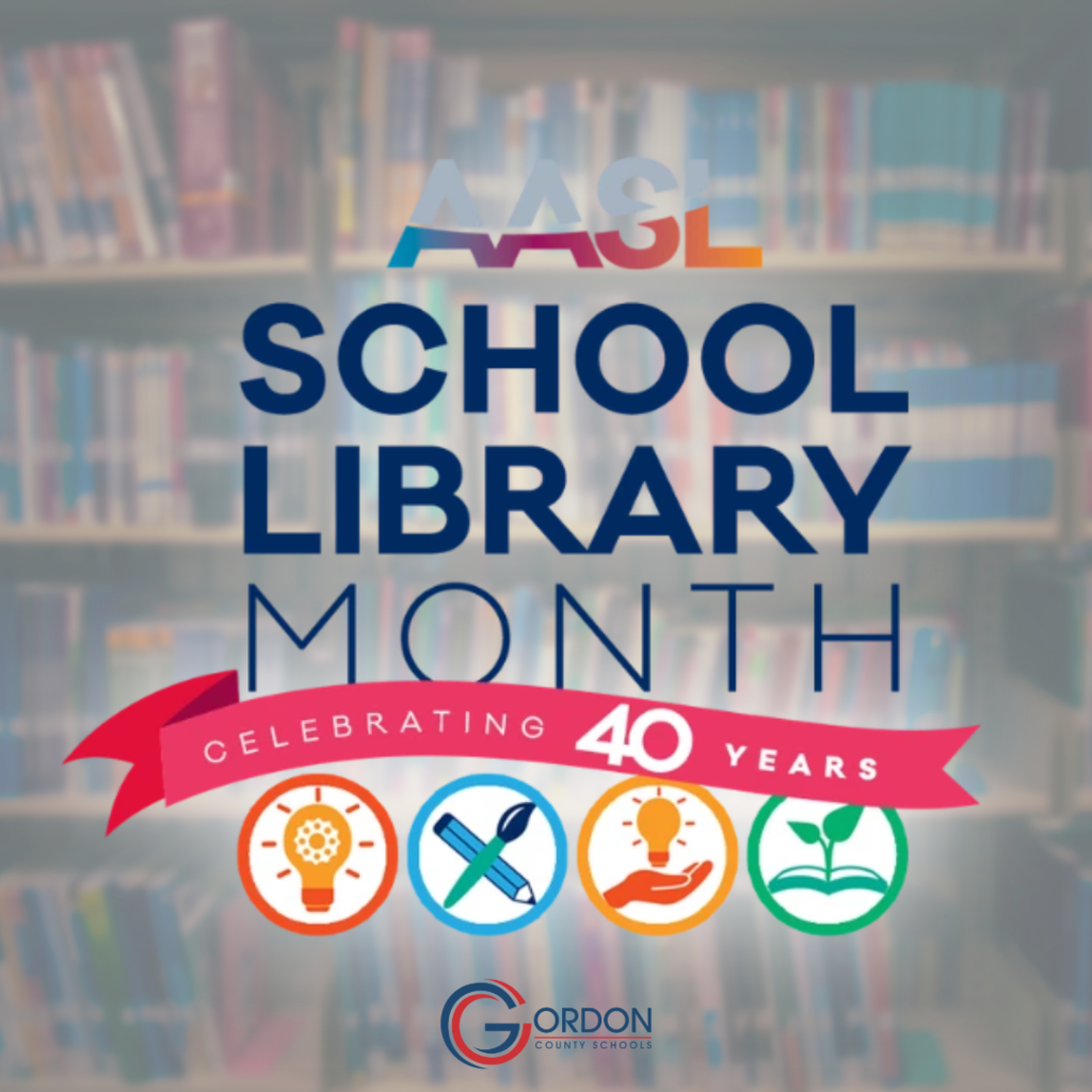 School Library Month with background image of library
