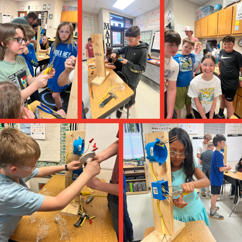 Students working on projects building things with wood, using pliers and other materials for electrical work