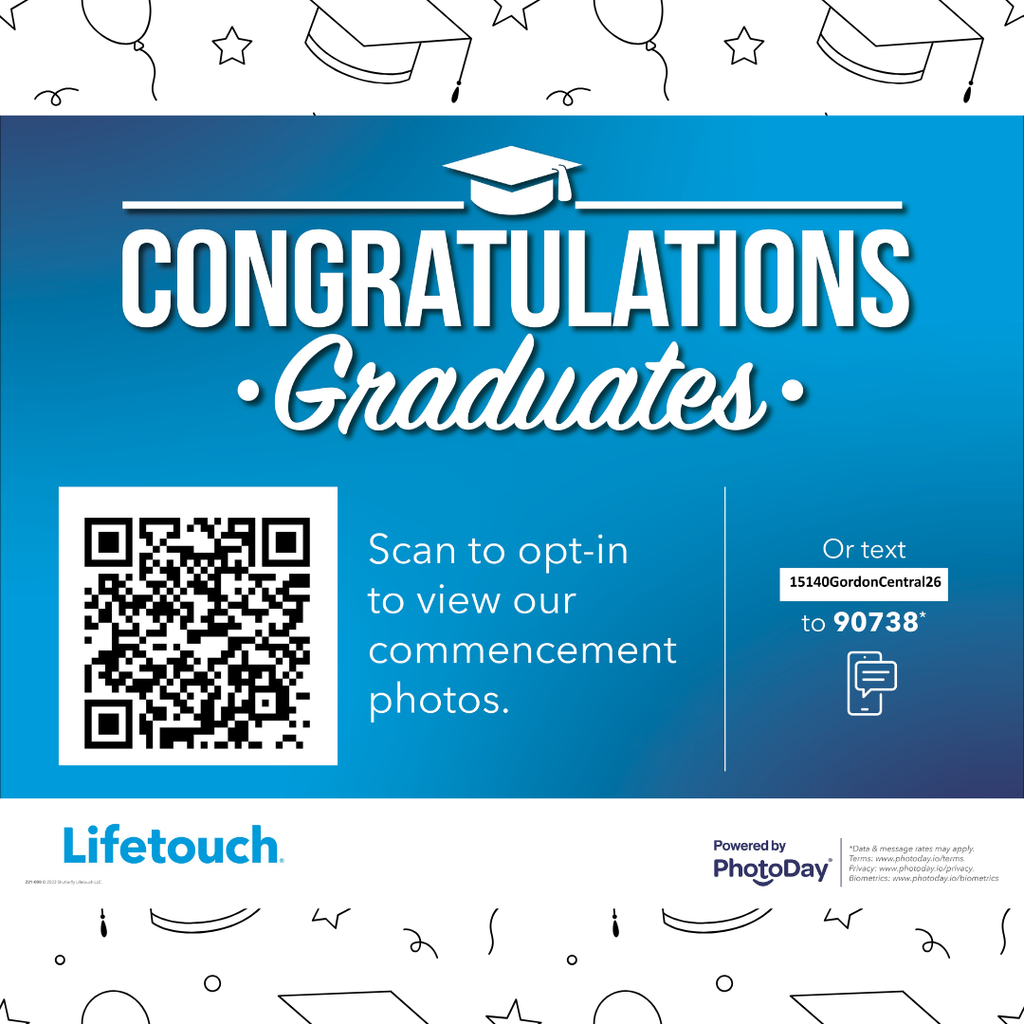 Options from LifeTouch to view commencement photos by scanning QR code, texting 15140GordonCentral26 to 90738