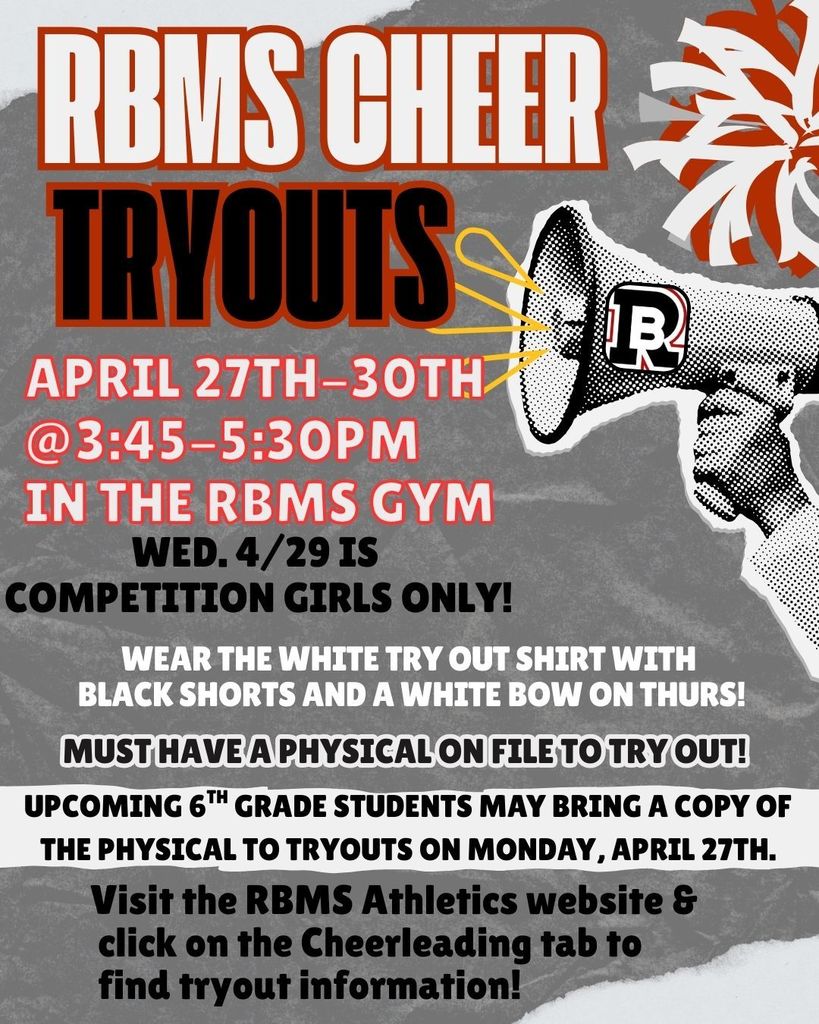 This flyer contains information about RBMS Cheer tryouts. 