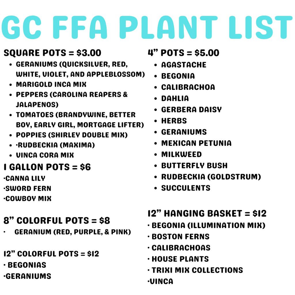 GC FFA Plant List Square Pots – $3.00  Geraniums (QuickSilver, Red, White, Violet, and Appleblossom) Marigold Inca Mix Peppers (Carolina Reapers & Jalapeños) Tomatoes (Brandywine, Better Boy, Early Girl, Mortgage Lifter) Poppies (Shirley Double Mix) Rudbeckia (Maxima) Vinca Cora Mix  1 Gallon Pots – $6.00  Canna Lily Sword Fern Cowboy Mix  8" Colorful Pots – $8.00  Geranium (Red, Purple, & Pink)  12" Colorful Pots – $12.00  Begonias Geraniums   4" Pots – $5.00  Agastache Begonia Calibrachoa Dahlia Gerbera Daisy Herbs Geraniums Mexican Petunia Milkweed Butterfly Bush Rudbeckia (Goldstrum) Succulents   12" Hanging Basket – $12.00  Begonia (Illumination Mix) Boston Ferns Calibrachoas House Plants Trixi Mix Collections Vinca