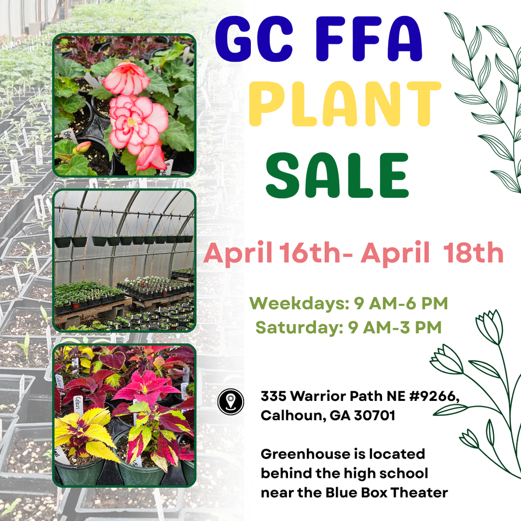 Gordon Central FFA Plant Sale April 16th - 18th - Weekday Hours: 9 AM - 6 PM Saturday 9 AM - 3PM  Greenhouse is located behind the school near the Blue Box Theater School Address 335 Warrior Path NE Calhoun  GA 30701