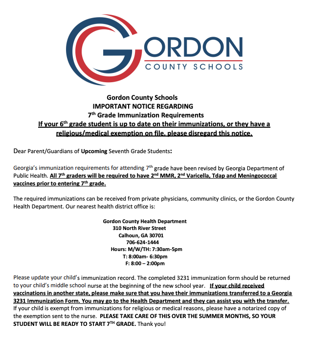 IMPORTANT NOTICE REGARDING  7th Grade Immunization Requirements 