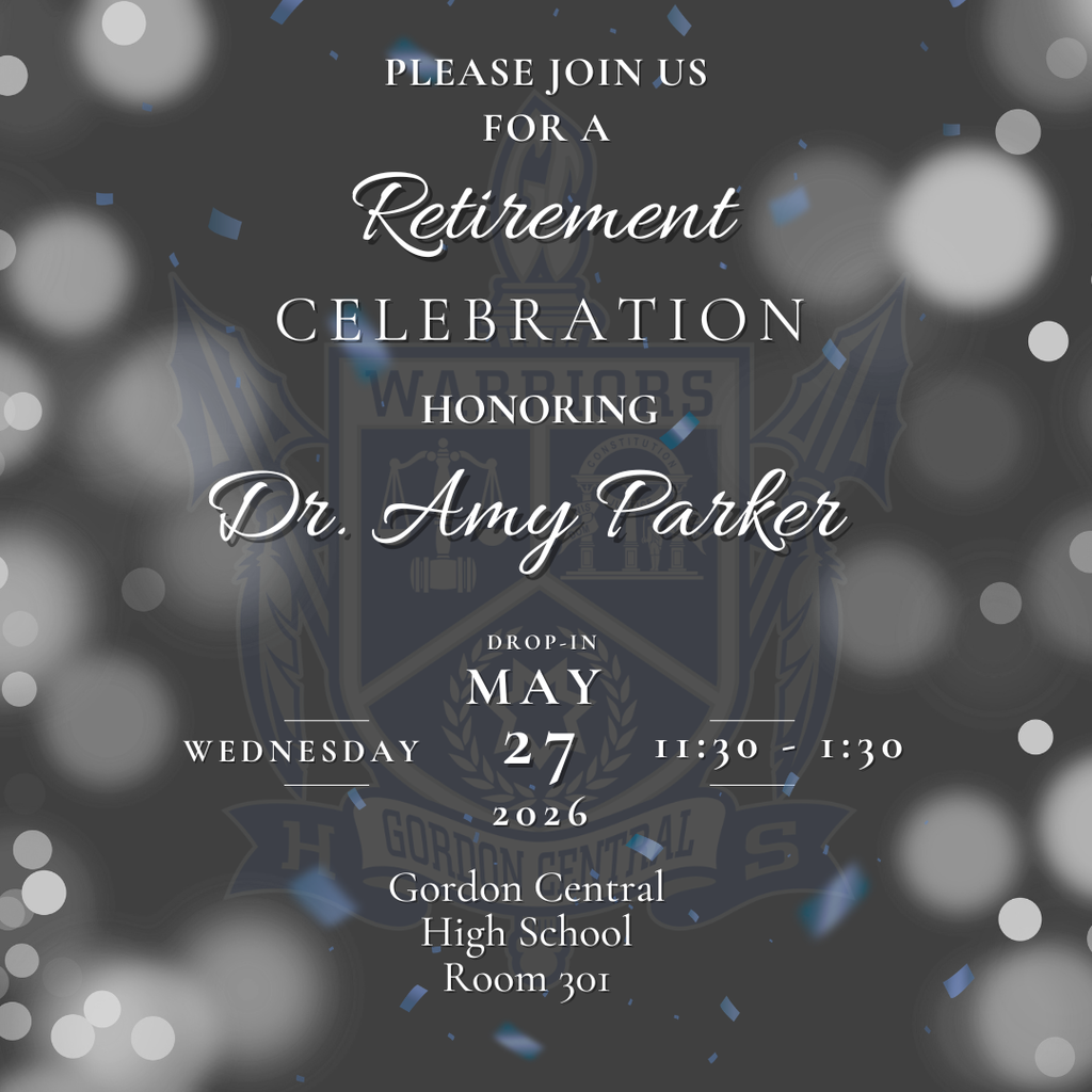 Retirement Celebration Invite for Dr. Amy Parker on Wednesday, May 27, 2026 from 11:30 - 1:30 (Drop-In) at Gordon Central High School Room 301