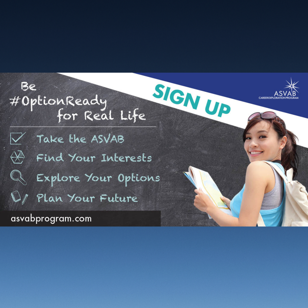 Graphic promoting ASVAB test for finding your interests, exploring your options, planning your future - more information at asvabprogram.com