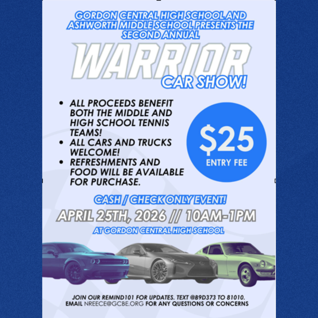 GCHS & AMS Second Annual Tennis Car Show - April 25th, 2026 - 10 AM - 1 PM at GCHS - All proceeds benefit both the GCHS & AMS tennis teams - All cars and trucks welcome! - Refreshments and food available for purchase. Cash/Check Only Event - Join Our Remind101 for updates - Text @B9D373 to 81010. Email NREECE@GCBE.ORG for any questions or concerns