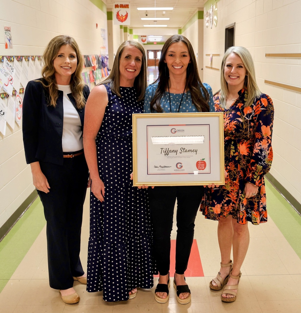 Tiffany Stamey, Teacher of the Year, with Principal Kelly Rampy, Assistant Principal Nicole Burgess, and Superintendent Alice Mashburn