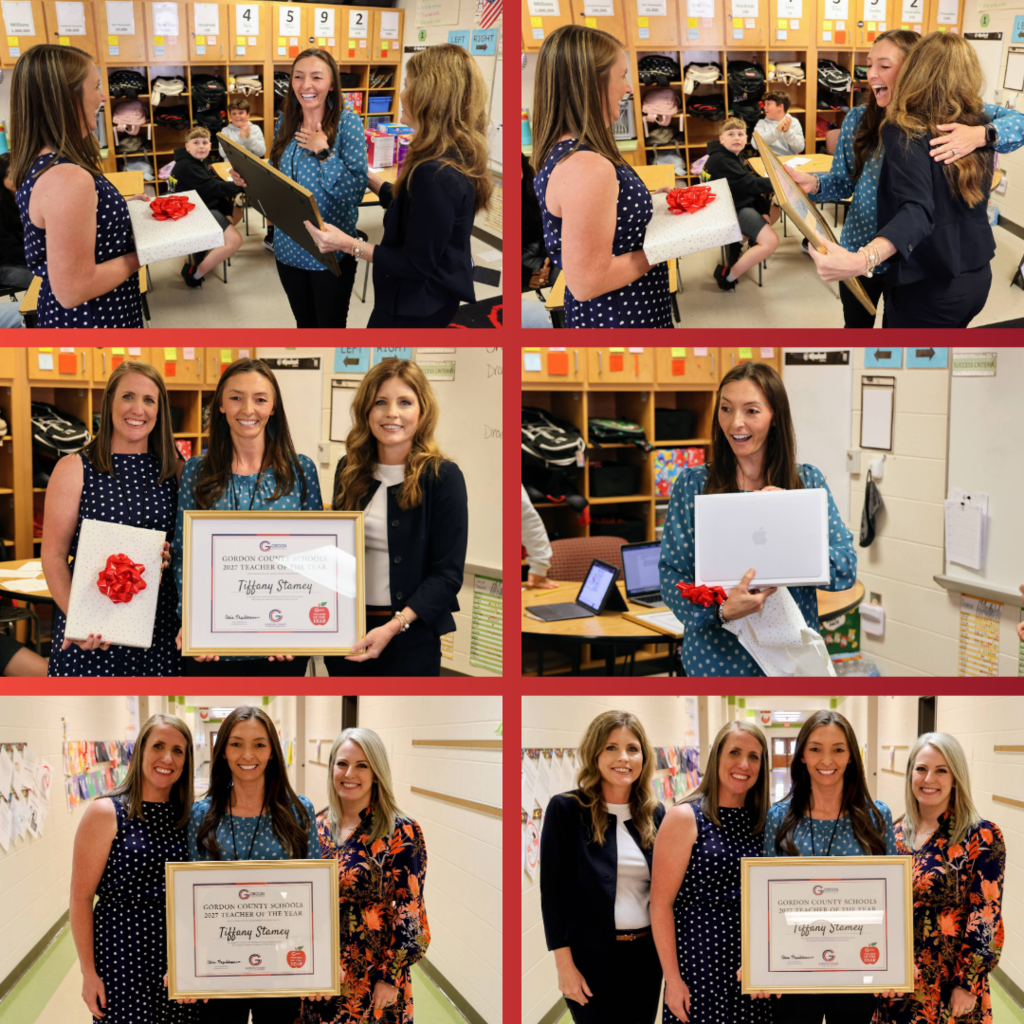 Collage of images showing Tiffany Stamey, Teacher of the Year, with Principal Kelly Rampy, Assistant Principal Nicole Burgess, and Superintendent Alice Mashburn with her certificate and laptop prize