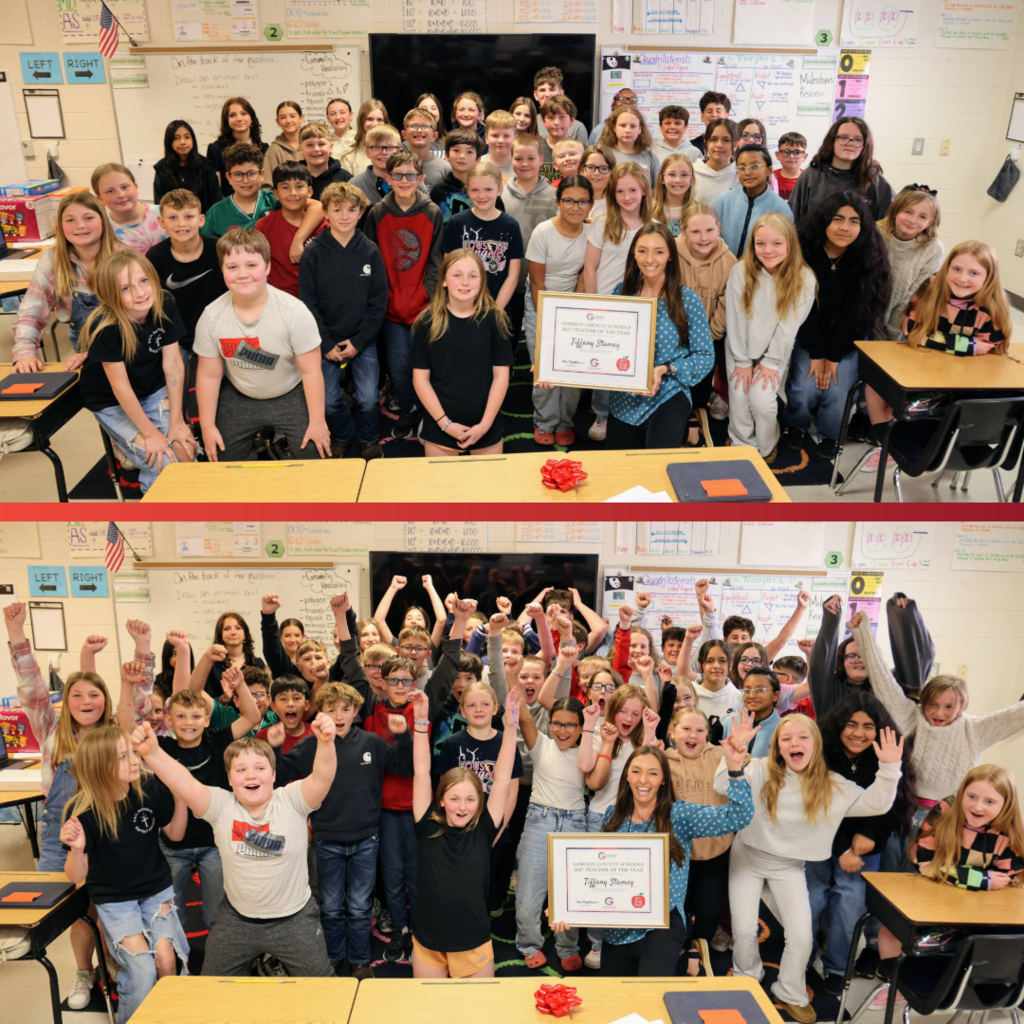 Image collage of Tiffany Stamey, Teacher of the Year, with her students smiling in the top image and cheering with arms raised in the bottom image