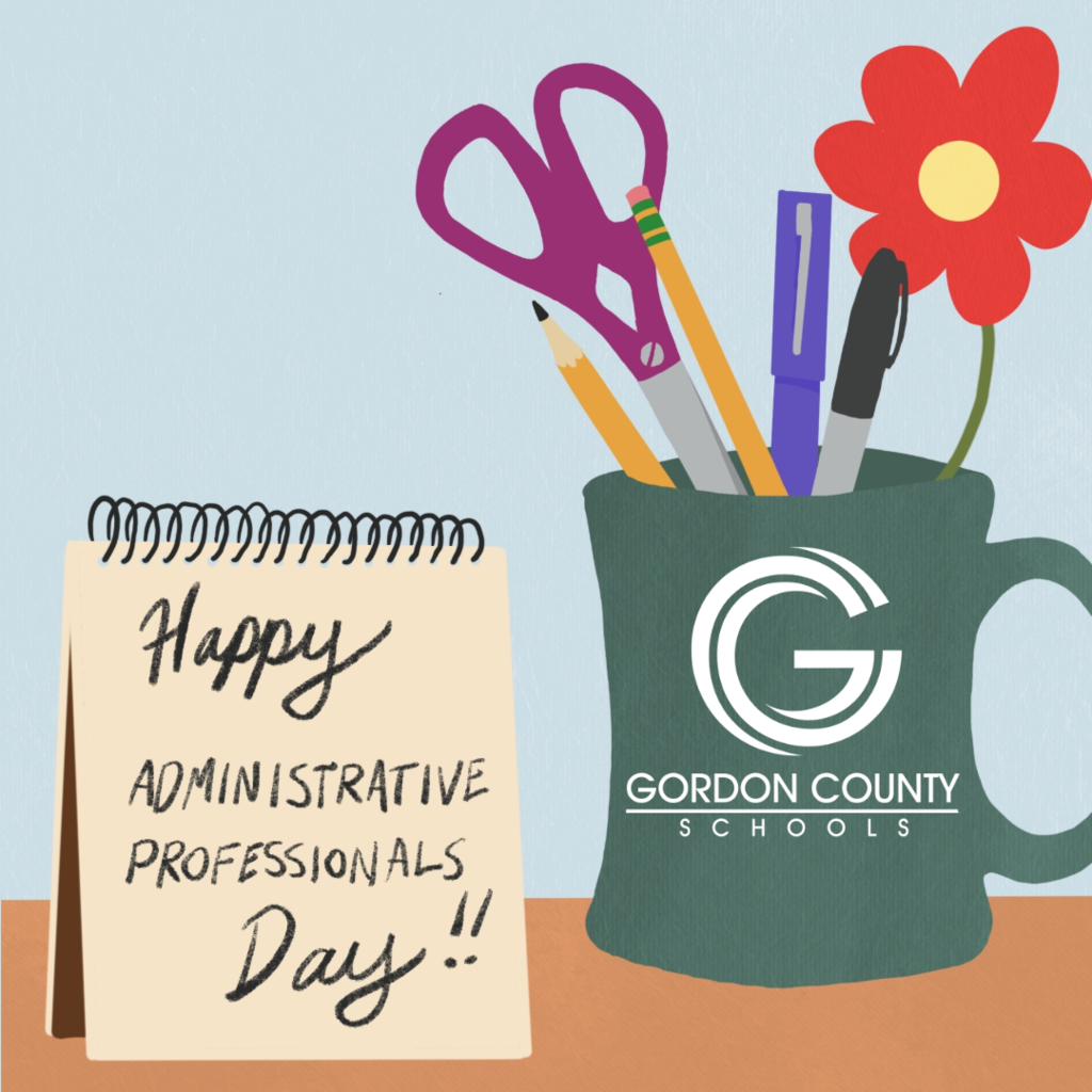Happy Administrative Professionals Day with a drawing of a mug and pencils, pens, and scissors with a flower in it.