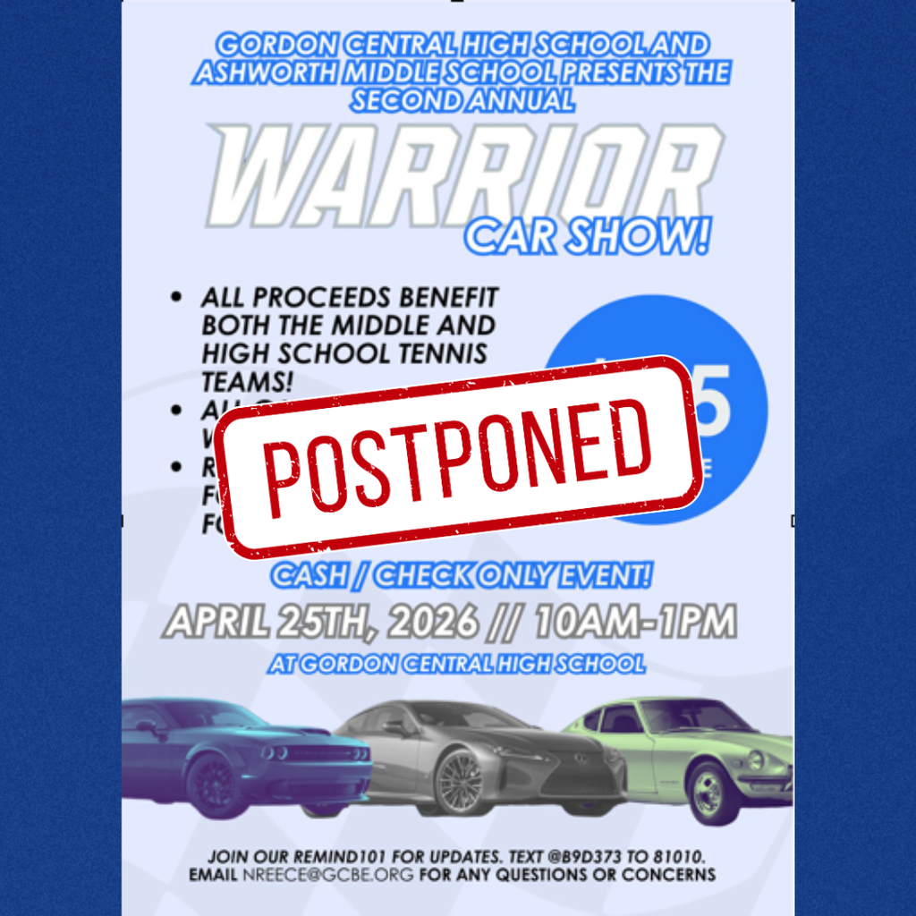 Warrior Car Show Postponed until May 2. All other details remain the same.