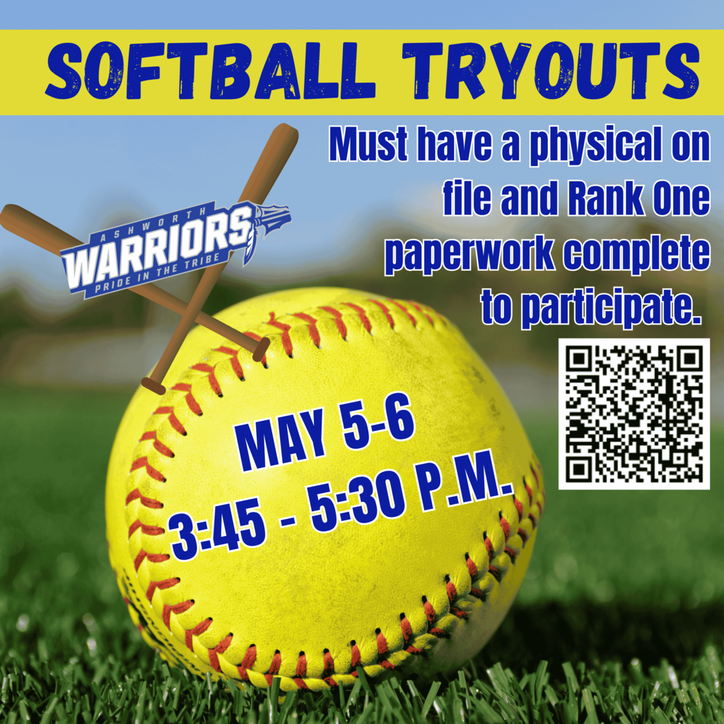 🥎 Softball tryouts will be on April 5th and 6th, at 3:45 to 5:30.   📍 We will meet at the AMS Cafeteria.  📝 You must have a physical on file and RankOne information completed. Scan the QR code for the physical forms and RankOne instructions.  👟 All players must come properly equipped for the tryouts: Cleats, tennis shoes (just in case we have to go inside), Glove, Bat, Mask, Helmet, etc.
