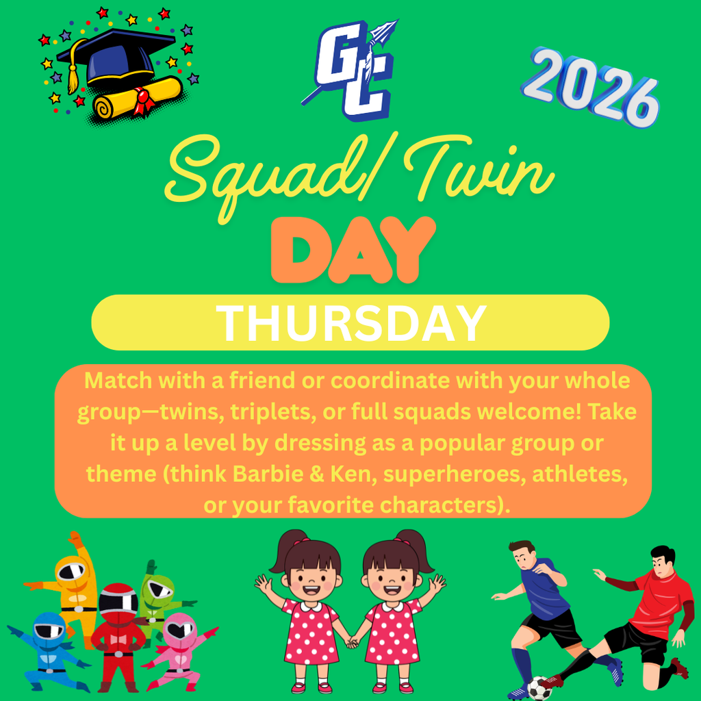 Thursday, May 7 - Squad/Twin Day - Match with a friend or coordinate with your whole group - twins, triplets, or full squads welcome! Take it up a level by dressing as a popular group or theme (think Barbie & Ken, superheroes, athletes, or your favorite characters)