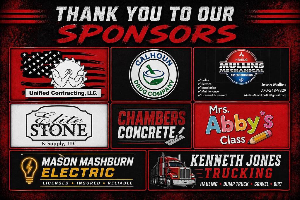 This photo lists the sponsors for the Color Run. Unified Contracting, LLC, Calhoun Drug Company, Mullins Mechanical, Elite Stone and Supply, Chambers Concrete, Mrs. Abby's Class, Mason Mashburn Electric and Kenneth Jones Trucking.