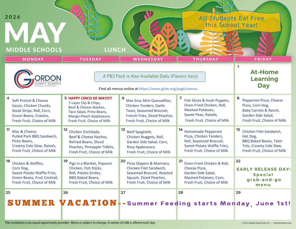 May 2026 lunch menus for middle schools in Gordon County, GA.