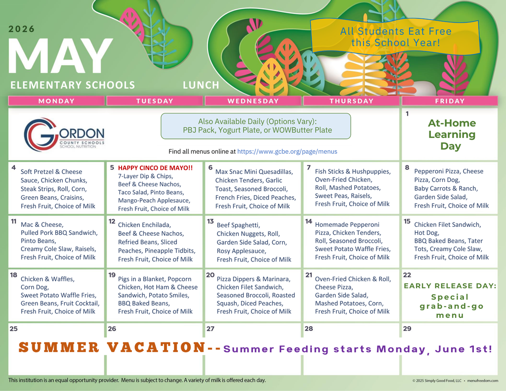 May 2026 lunch menus for elementary schools in Gordon County, GA.