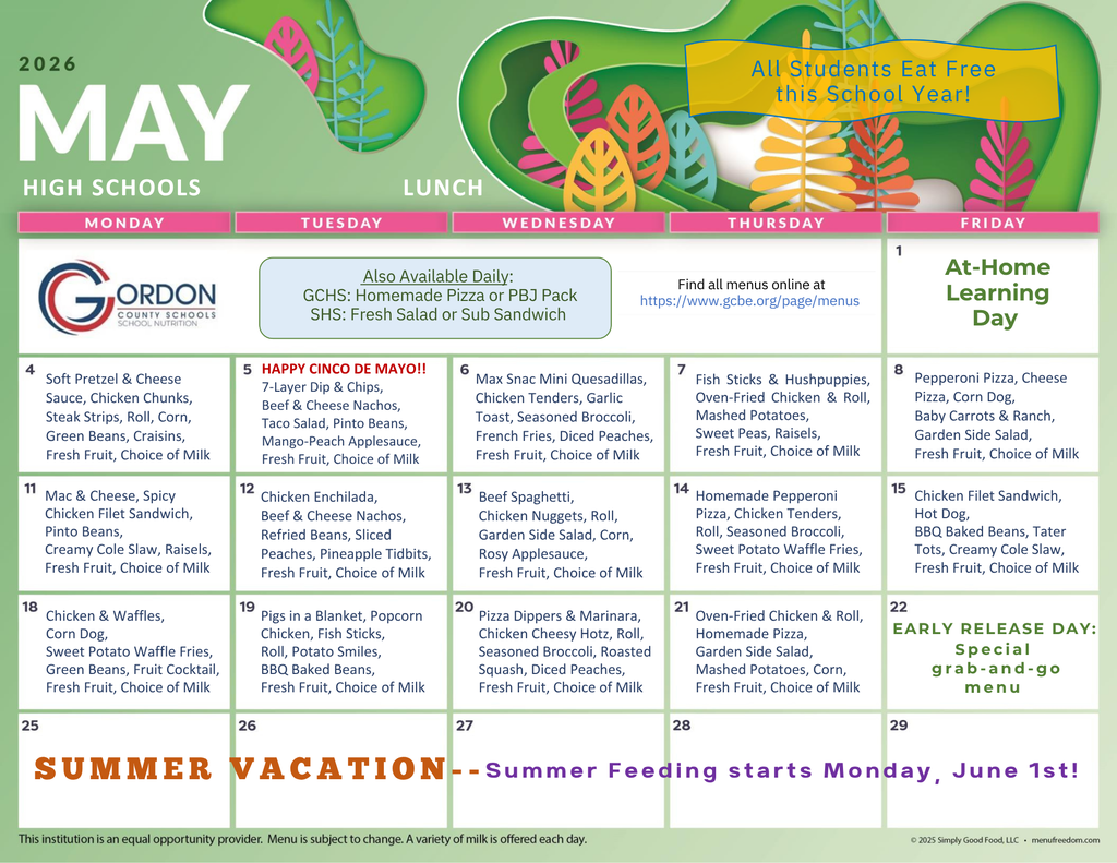 May 2026 lunch menus for high schools in Gordon County, GA.