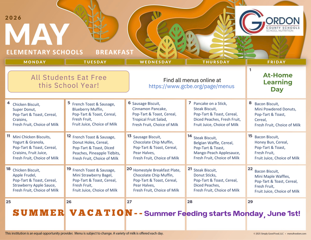 May 2026 breakfast menus for elementary schools in Gordon County, GA.