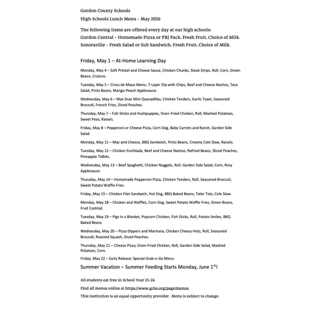 May 2026 - High School Lunch Menu