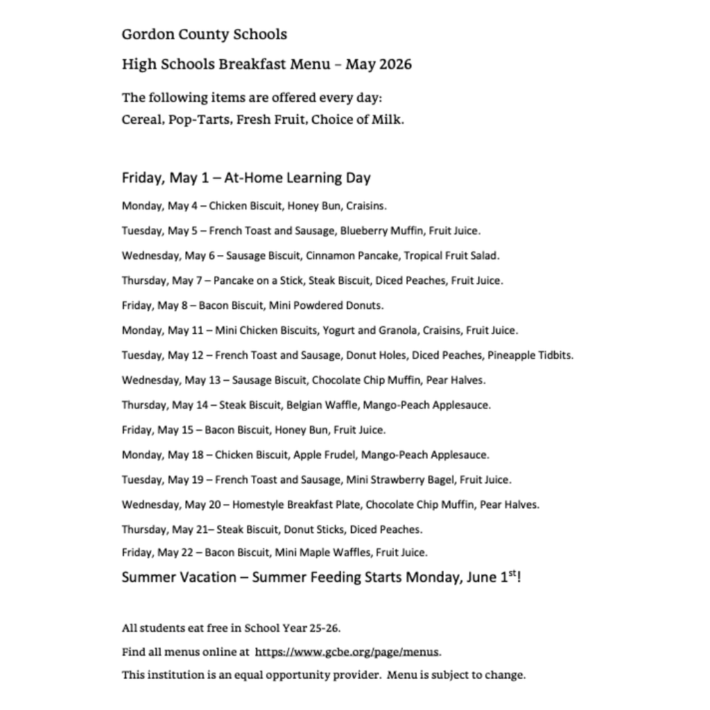 May 2026 - High School Breakfast Menu